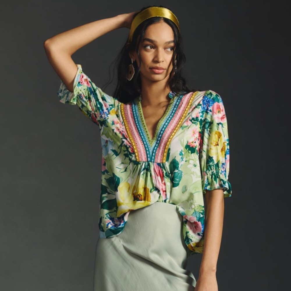 Anthro x Bl-nk Stephanie green pink floral V-Neck Babydoll Blouse top